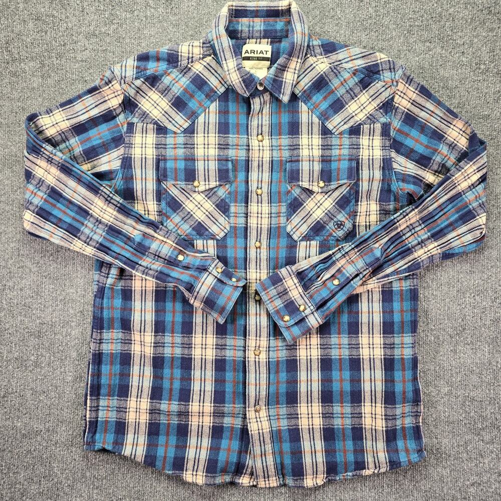 Ariat Retro Shirt Mens Large Blue Plaid Flannel Button Up Western Pockets Casual